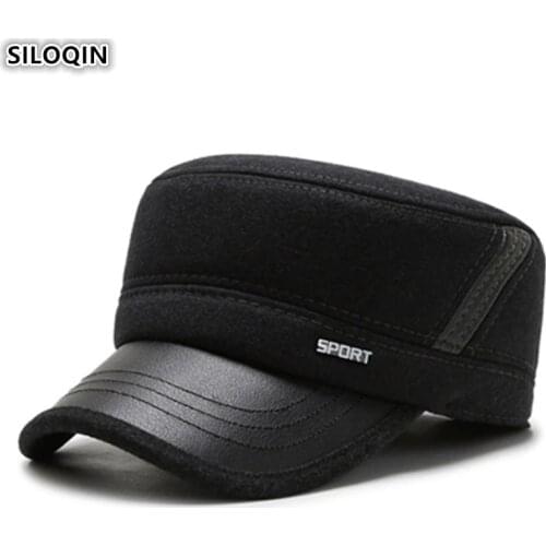 SILOQIN Adjustable Head Size Mens Winter Earmuffs Hat Thick Warm Army Military Hats For Men New Elderly Dad Cotton Flat Cap