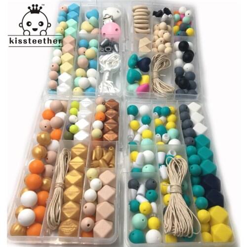 4 Boxes Baby Teether Toys Silicone Teething Pacifier Clip Kit Geometric Hexagon Silicone Teething Beads DIY Nursing Necklack