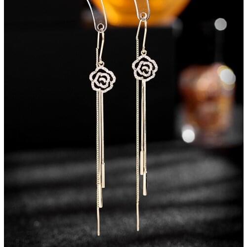 New Summer Fashion Jewelry Women Elegant Flower Tassel Earrings Cute Beautiful Sliver Copper Camellia Ear Lines