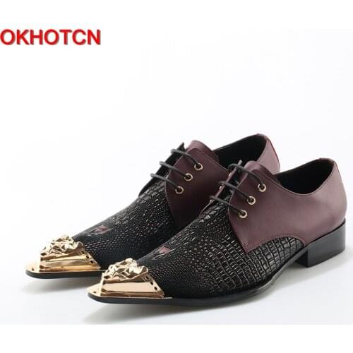 OKHOTCN Genuine Leather Patchwork Men Flat Brogues Shoes Metal Toe Men Dress Formal Shoes Lace Up Shoes For Men Wedding Shoes