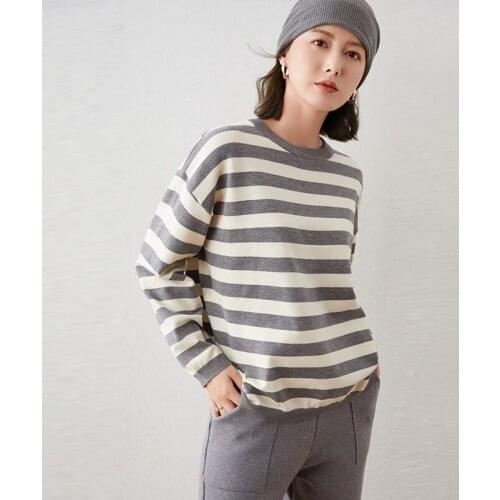 Autumn And Spring Cashmere Wool Blended Sweater O-neck Women Pullover Sweater Color Striped Slim Bottoming Knitted Shirt
