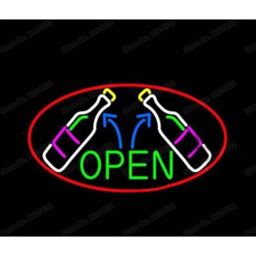 Open Wine Glass Bottles Neon Sign Custom Handmade Real Glass Tube Beer Bar KTV Store Club Decoration Display Neon Signs 17X14"