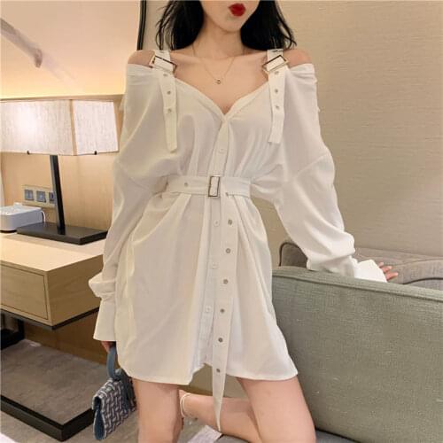 Sexy Shirt Mid-Length off-Neck Belt Loose Shirt Top Women Blusas Ropa De Mujer