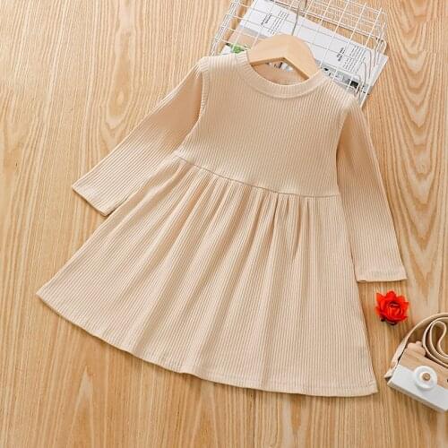Spring and Autumn Girls A-line Dress Childrens Solid Color Loose Long Sleeve Dresses WT329