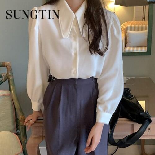 Sungtin Vintage Peter Pan Collar Blouse Shirts Women Spring Solid Casual Loose Shirts Female Korean Chic Oversize Tops Sweet New
