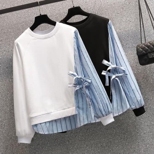 STriped sweatshirt harajuku O-neck 2021 spring plus size hoodies Korean style loose Oversized Patchwork long-sleeved shirt