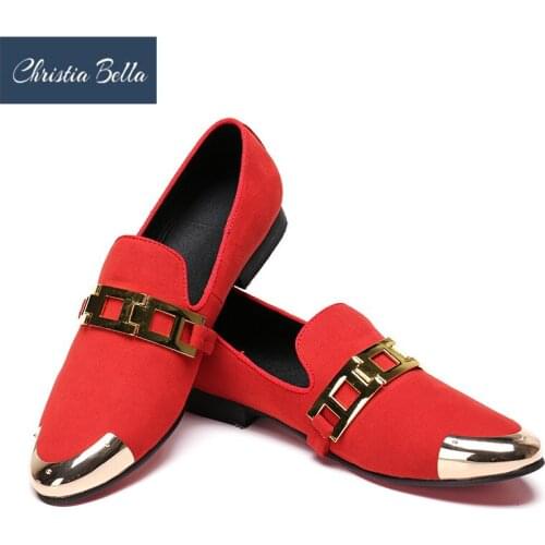 Christia Bella Buckle Handcraft Men Red Velvet Shoes Men Smoking Slipper and Fashion Party Loafers Plus Size Men Flats Summer