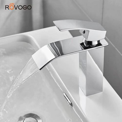 ROVOGO Waterfall Bathroom Vanity Sink Faucet, Single Handle Cold Hot Water Mixer Crane, Brass Chrome Lavatory Basin Faucets