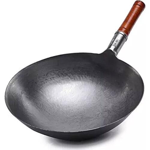 32cm Carbon Steel Wok, Profession Chinese Traditional Hand Hammered Carbon Steel Pow Wok with Wooden Handle and Steel Helper