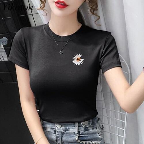 Women T-shirts 2021 Tee Shirt Summer O-Neck Cotton Flowers Embroidery Short Sleeve T-shirt Female Casual Ladies Shirts Harajuku