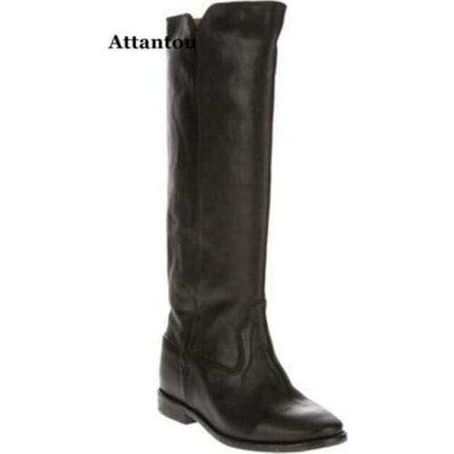 Women Fashion Knee High Boots Real Leather Long Booties Flat Heel Warm Winter Boots Women Dress Shoes Point Toe Gladiator Bota