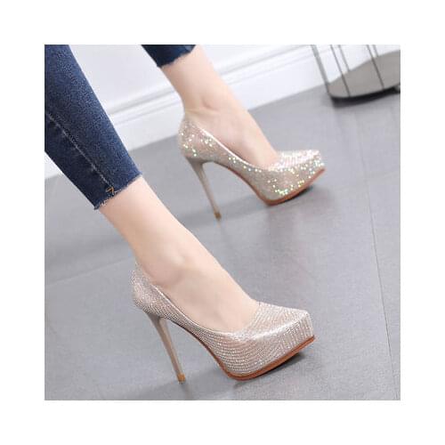 2020 NEW Women Wedding Shoes High Heels 11.5CM Lady Pearl Platforms White Glitter Bridal Shoes Women Thin Heel Party Pump Shoes