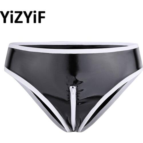 Womens Sexy Bottom Swimsuit Lingerie Wetlook Patent Leather Crotch Zipper Low Rise Bikini Briefs Underwear Bikini