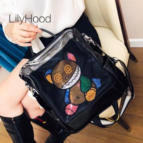 Female Vegan Leather Rhinestone Anime Bear Roomy Backpack Women Trends Big Capacity Travel Work Office Cute Everyday Daypack