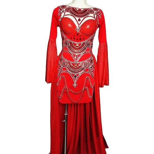 Sparkly Rhinestones Women Flared Sleeve Dress Chain Tassel Long Dress Nightclub Bar Prom Costume Singer Jazz Dance Stage Wear
