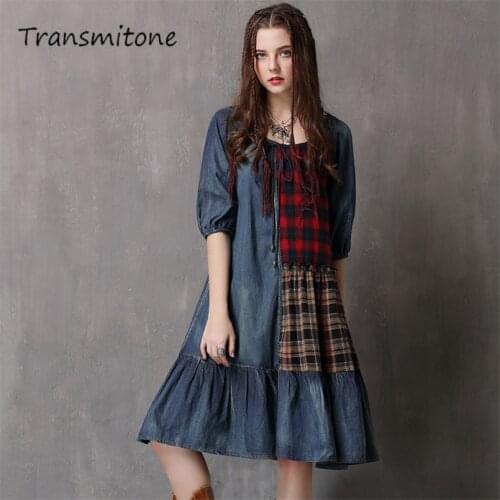 Women Denim Dress 2020 Spring Womens Dresses O-Neck Half Sleeve A-line Ruffles Hem Loose Vestidos 82073 Vestido