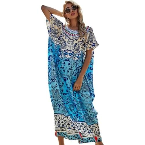 Women Boho Oversized Tunic Dress Floral Leaves Print Long Kaftan O-Neck Batwing Short Sleeve Kimono Gown Beach Dress