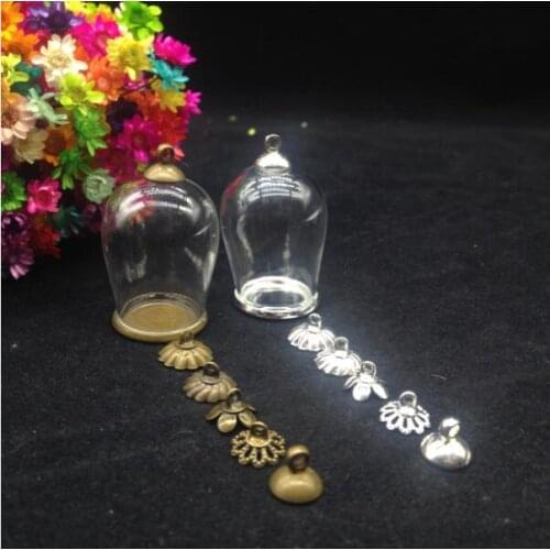 50sets/lot 30*18mm bell jar shape glass globe ordinary tray 8mm cap set glass bottle necklace pendant glass vials diy jewelry