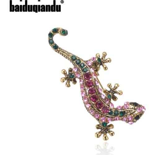 Baiduqiandu New Arrival Antique Gold Color Metal Color Rhinestones Gecko Brooches for Women