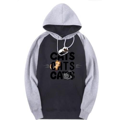 Cats Print Solid Mans Raglan Sweatshirts Hooded Casual Fleece Tracksuits Winter Fleece Hoodies Male Hip Hop Black Hoody Homme