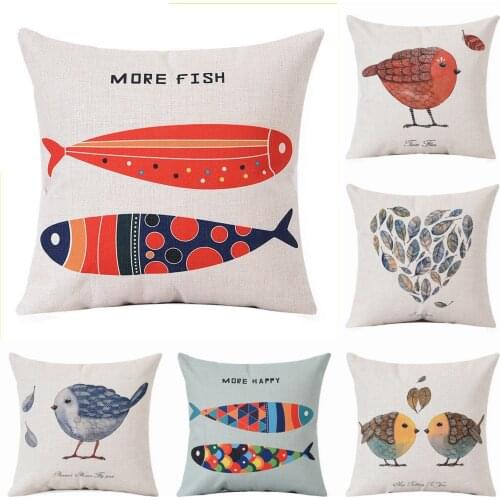 Fish and Birds Pillow Case Throw Pillowcase Cotton Linen Printed Pillow Covers for Office Home Textile