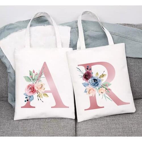 Pink English Alphabet A B C Canvas Shoulder Bags Ladies Printing Eco Travel Wash Bag Large Capacity Cosmetic Organizer Handbag