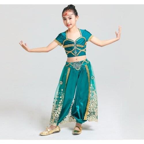 Classical Princess Jasmine Cosplay Costume Set for Kids/Child Popular Western Stage Princess Skirt Clothing Girls Dancing Suits
