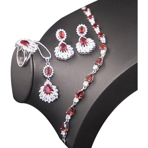 Red Garnet Bridal Jewelry Sets 925 Sterling Silver Necklace Earrings Ring Pendant Bracelet With Gift Box