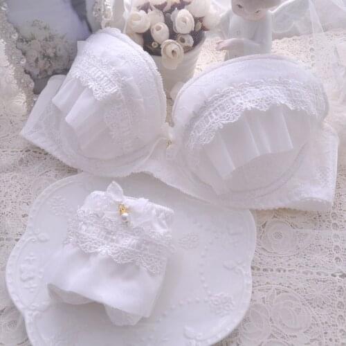 Girls underwear Suit Japanese White Cute Thin Embroidery Intimates Set Gathered Sexy Large size Solid Color Bra & Panties Set