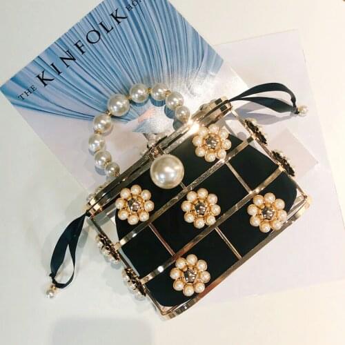 Purse Korean Bucket Handbag Party Pearl Basket Evening Clutch Bag Women Famous Brand Hollow Out Flowers Beaded Metallic Clutch