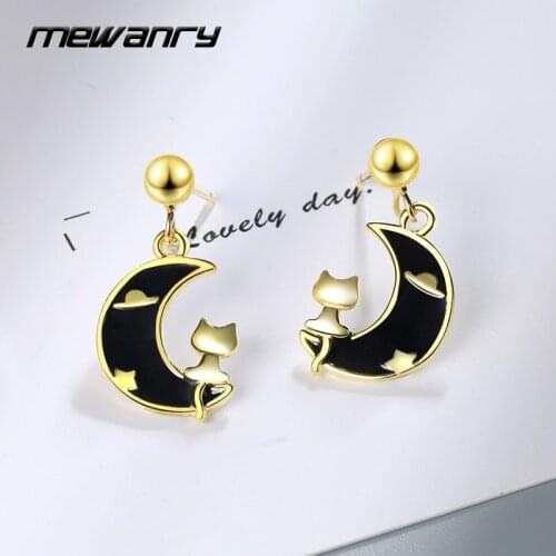 Mewanry 925 Sterling Silver Stud Earrings for Women Trend Creative Cute Moon Cat Jewelry Party Birthday Gifts Prevent Allergy