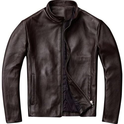 Mens Genuine Leather Top Layer Cowhide Short Dark Brown Pure Leather Jacket Slim Simple Spring and Autumn Jacket