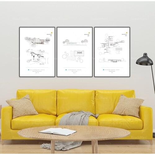 Ensemble de 3 tirages. Icônes d’architecture du 20ème. Architecture moderne. Les maisons des maîtres de l’architecture aux Etats