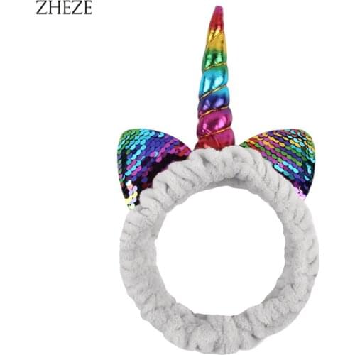Unicorn Sequins Women Headband Coral Fleece Wash Headwrap Face Bathe Hair Holder Elastic Cat Ear Hairband Accessories