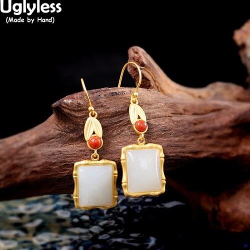 Uglyless Pandas Favorite Bamboo Earrings Women Elegant Eastern Beauty Hetian Jade Earrings Square Gemstones Jewelry 925 Silver