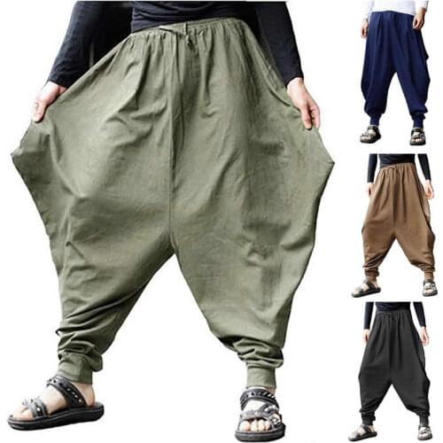Plus Size Cotton Linen Harem Pants Men Baggy Japanese Style Joggers Mens Hip hop Crotch Wide Leg Pants Casual Loose Trousers