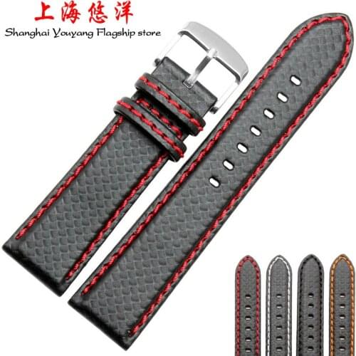 18mm 20mm 22mm 24mm Black Red Stitching Carbon Fiber Leather Watch Band strap sport
