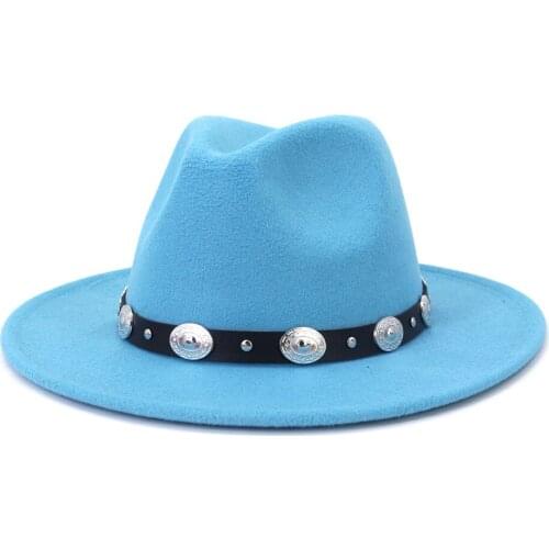 New Lake blue Women Hats Winter Autumn Wool Felt Jazz Fedora Hats Men Wide Brim Panama Trilby Cap