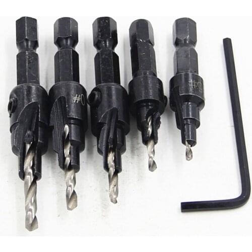 5pcs HSS 1/4 Hex Shank Countersunk Drill Bits Tapper Tool woodworking Wood Pilot Hole Size #5 #6 #8 #10 #12 with One Wrench
