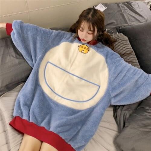 Warm fleece cartoon oversized Sleep sets kawaii sweet pajamas Doraemon 2020 harajuku New autumn Winter Womens Sleep Lounge Tops