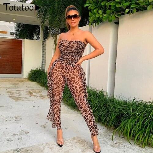 Totatoop Sexy Off Shoulder Strapless Leopard Jumpsuit Women 2021 Summer See Through Fitness Rompers Club Party Outfits Overalls
