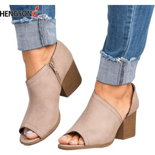 Autumn Shoes Women Pumps Slip-On Peep Toe Leather Sandals Med Square Heel Pumps Mules Wedges Shoes Women Fish Mouth Shoes