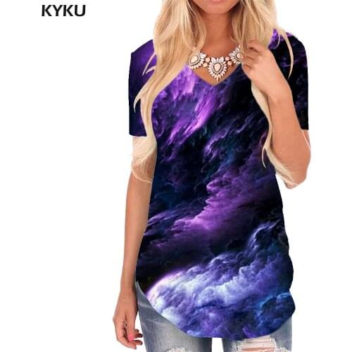 KYKU Abstract T Shirt Women Psychedelic Tshirts Printed Art Funny T shirts Purple V-neck Tshirt Womens Clothing Fashion Cool New