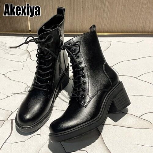 2021 Platform Leather Boots Women Autumn Punk Motorcycle Boots Block Thick Sole Shoes Women Mid-Calf Boots BC1979