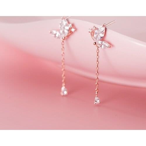 MloveAcc 100% Genuine 925 Sterling Silver Dazzling Butterfly CZ Chain Stud Earrings for Women Girls Fine Silver 925 Jewelry