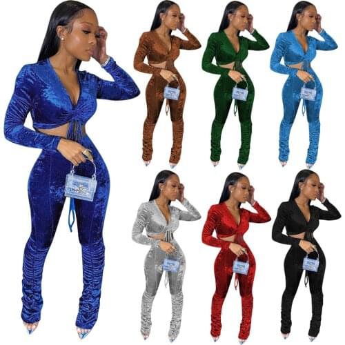 2021 Autumn And Winter Women Tracksuit Two Piece Set Pleated Solid Color Stacked Jogger Pants Suit Sportsuit Clothes For Women