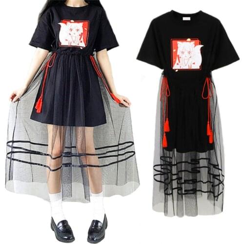 Summer Japanese Women Cartoon Kawaii Fox Fairy Print Stitching Mesh Dress Short Sleeve Loose Shirt Dresses Tassel Belt Sundress
