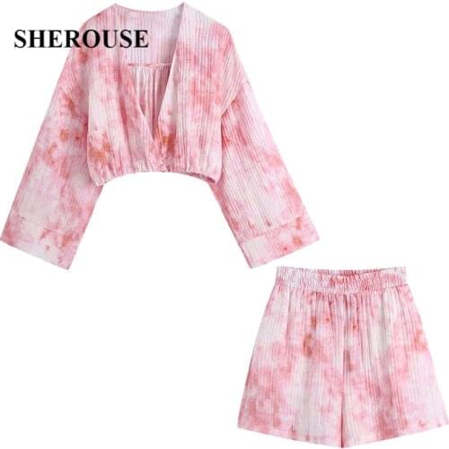 2021 New Summer Women 2 Pieces Set Tie Dye Long Sleeve Cropped Shirt And Shorts Suit Chic Lady Fashion Casual Women Suit
