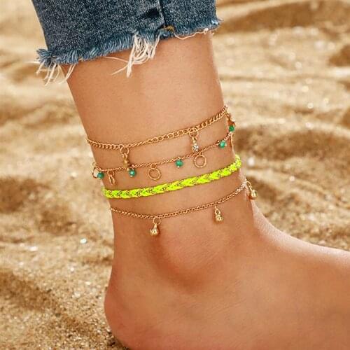 4Pcs/Set Bohemian Style Anklet Star Decor Ankle Bracelet Chain Braided Rope Anklet Jewelry Accessories For Hawaii Beach Party