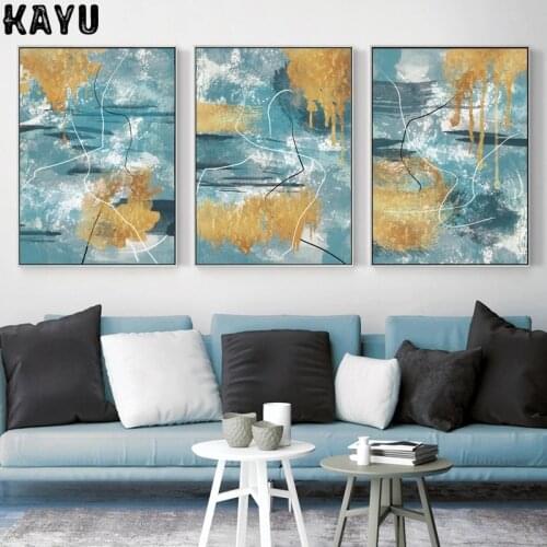 Abstract Wall Poster Yellow Golden Foil Blue Nordic Canvas Print Colorful Block Art Painting Pictures Living Room Hotel Decor